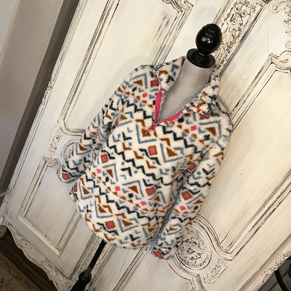 Eddie Bauer Multi Color Geometric Graphic Henley Zip Fluffy Sweat Shirt Size Med - Picture 3 of 13
